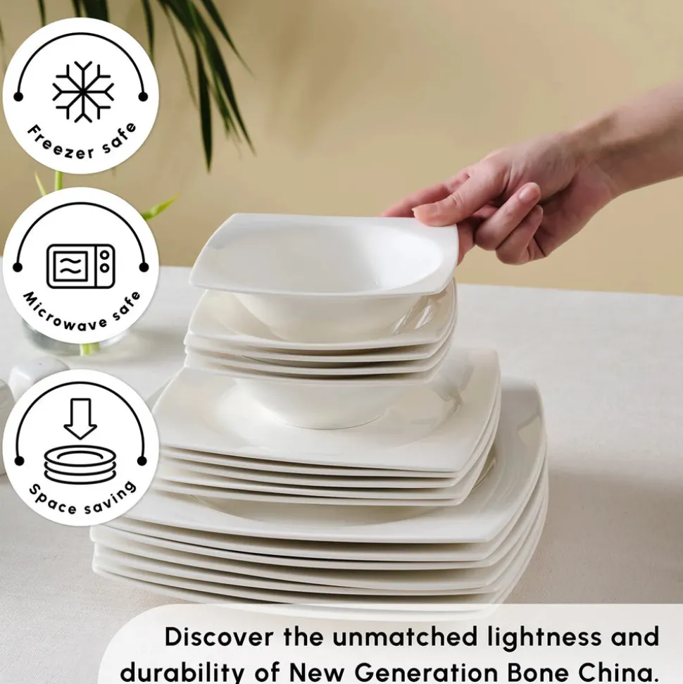 Karaca Square Bone China Jamie 52-Piece Dinner Set for 12 People, White