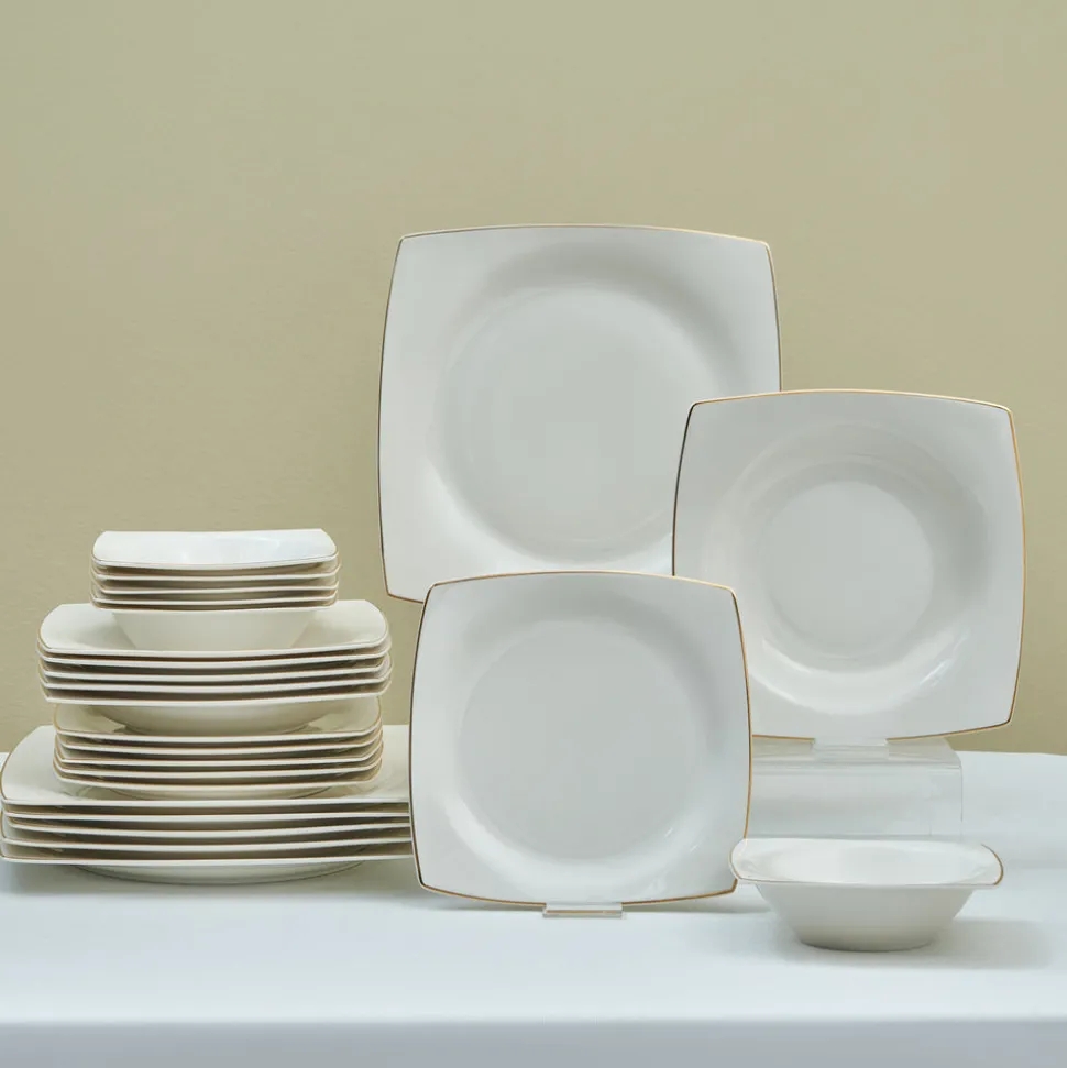 Karaca Square Bone China Mensa 24-Piece Dinner Set for 6 People, Gold