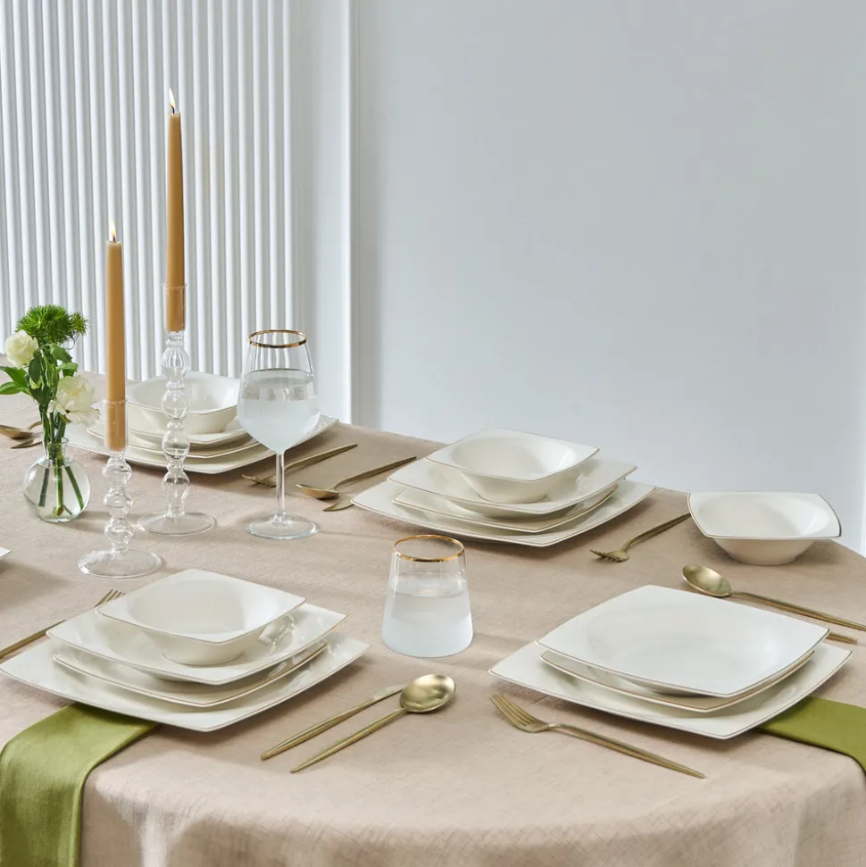 Karaca Square Bone China Mensa 24-Piece Dinner Set for 6 People, Gold