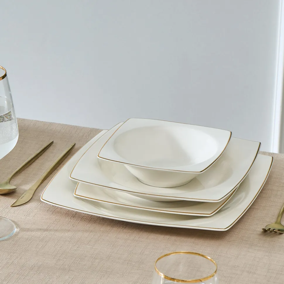Karaca Square Bone China Mensa 24-Piece Dinner Set for 6 People, Gold