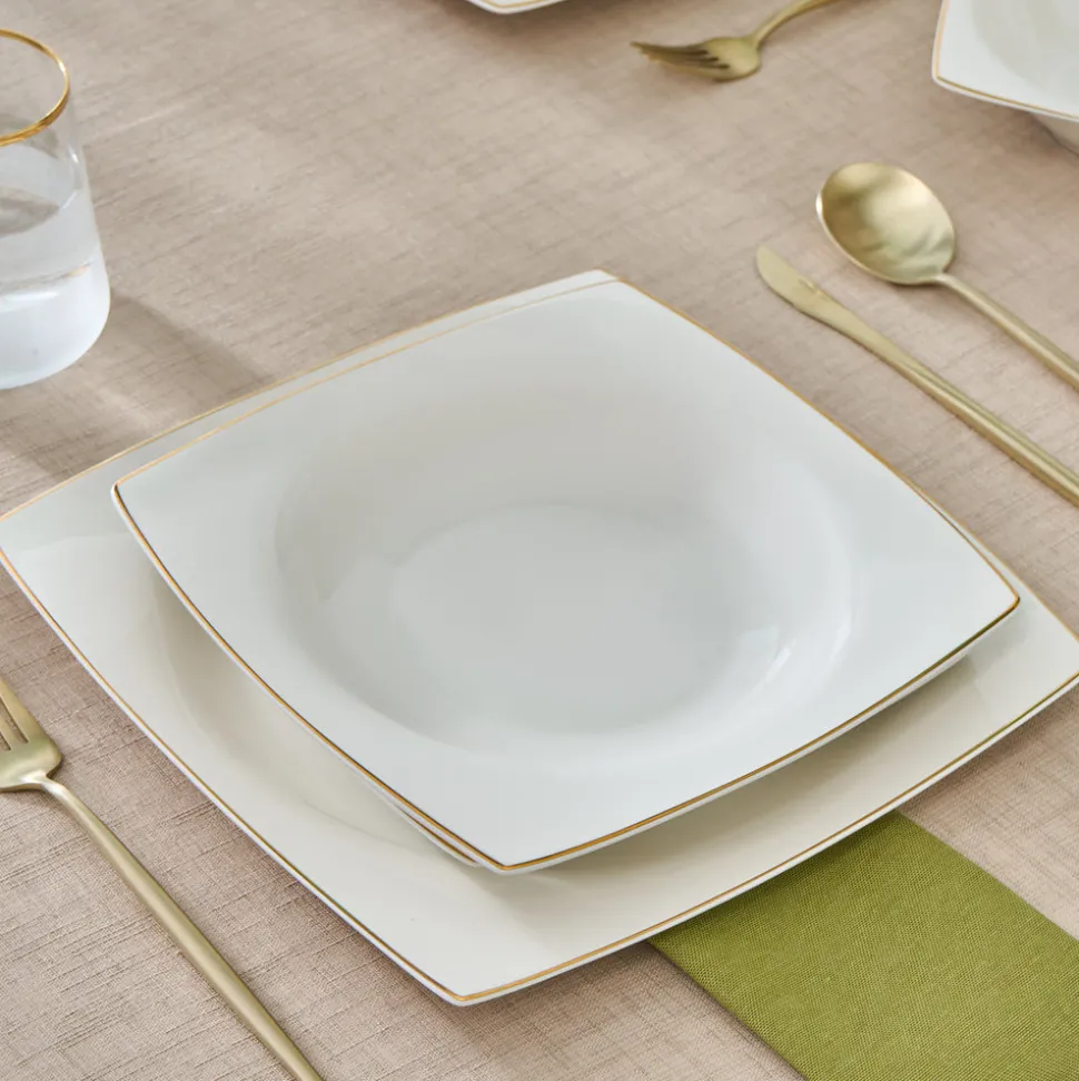 Karaca Square Bone China Mensa 24-Piece Dinner Set for 6 People, Gold