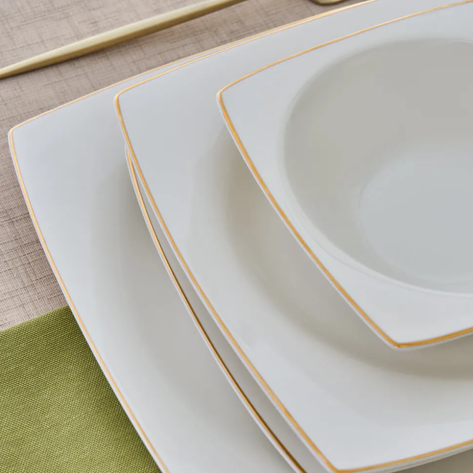 Karaca Square Bone China Mensa 24-Piece Dinner Set for 6 People, Gold