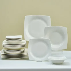 Karaca Square Bone China Mensa 24-Piece Dinner Set for 6 People, White