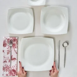 Karaca Square Bone China Mensa 24-Piece Dinner Set for 6 People, White
