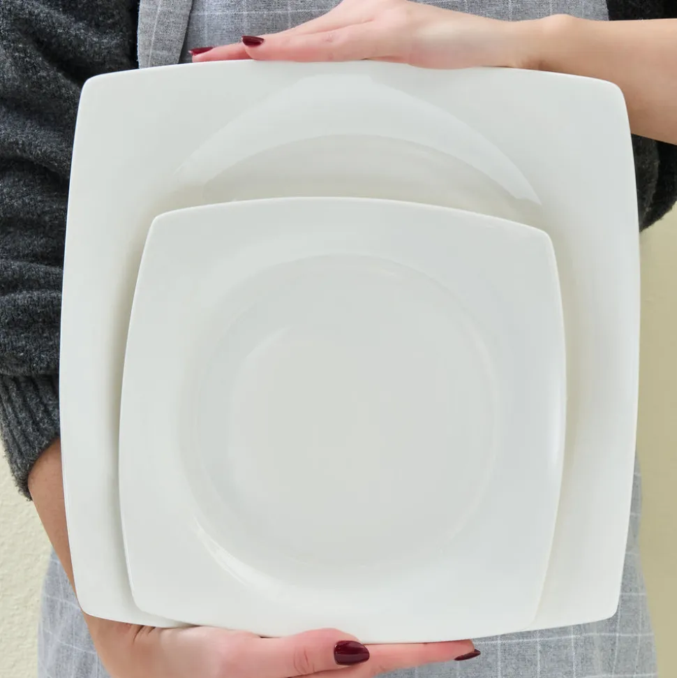 Karaca Square Bone China Mensa 24-Piece Dinner Set for 6 People, White