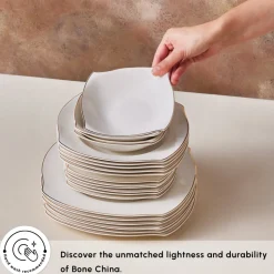 Karaca Square Bone China Wave 53-Piece Dinner Set for 12 People, Gold