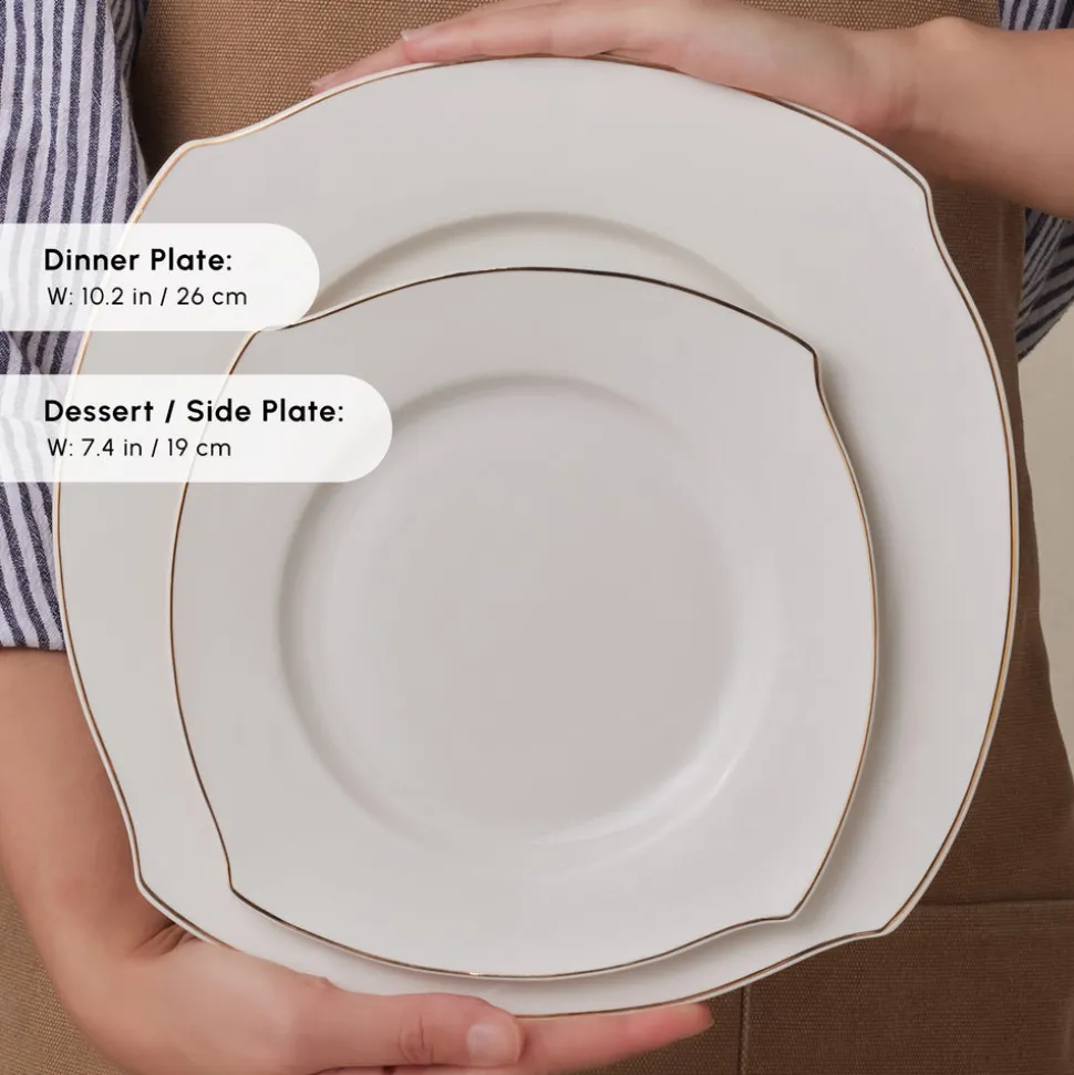 Karaca Square Bone China Wave 53-Piece Dinner Set for 12 People, Gold