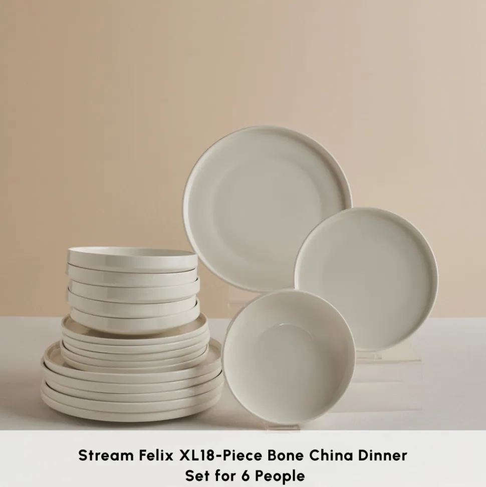 Karaca Stream Bone China Felix XL 18-Piece China Dinner Set for 6 People, White