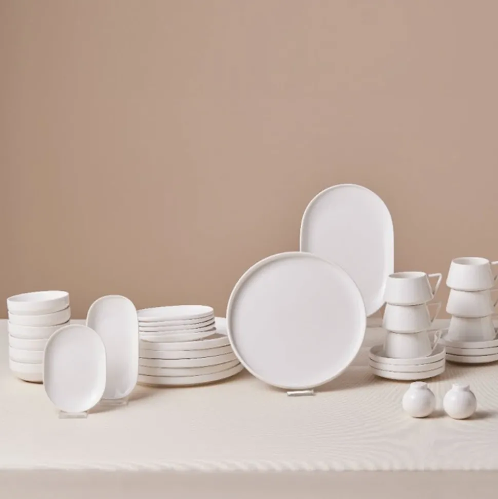 Karaca Stream Bone China Meridian 34-Piece Serveware Set for 6 People, White