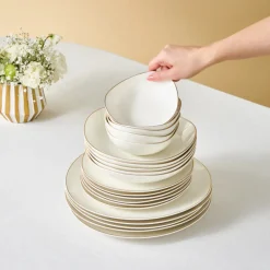 Karaca Stream Bone China Middle 53-Piece Dinner Set for 12 People, Gold