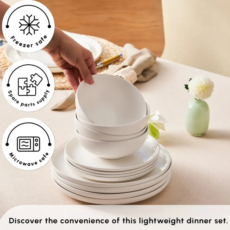 Karaca Stream Bone China Remi 18-Piece Bone China Dinner Set for 6 People, White