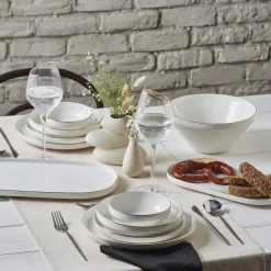 Karaca Stream Bone China Saturn 19-Piece Bone China Dinner Set for 4 People, White Gold