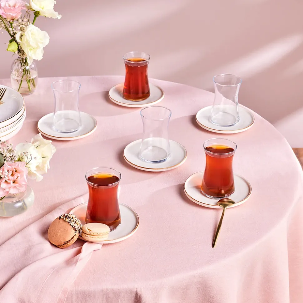 Karaca Streamline Meridian 12-Piece Turkish Tea Set for 6 People, Gold