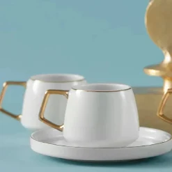 Karaca Streamline Saturn 12-Piece Porcelain Espresso Turkish Coffee Cup Set for 6 People, 100ml, White Gold