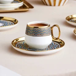 Karaca Suadiye 12-Piece Porcelain Espresso Turkish Coffee Cup for 6 People, 90ml, Blue
