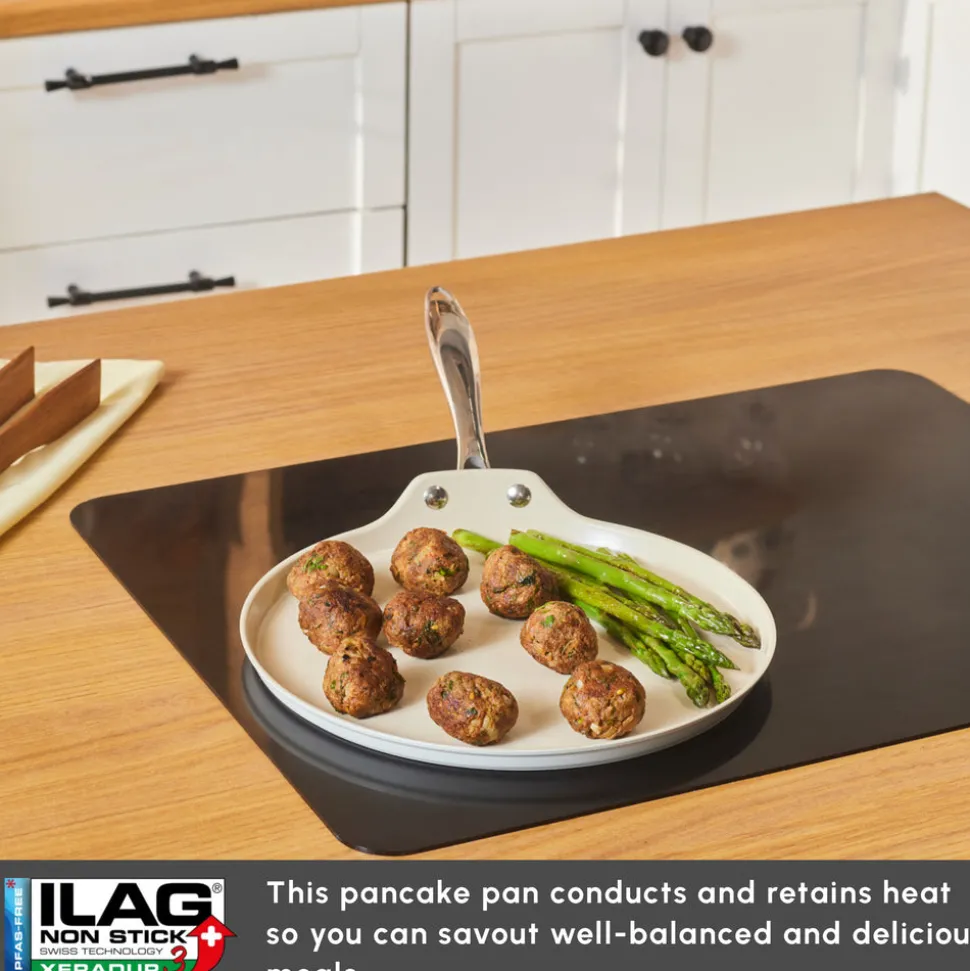 Karaca Swiss Crystal Almond Cream Non-Stick Induction Stainless Steel Handle Pancake Pan, 28cm, Cream