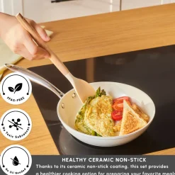 Karaca Swiss Crystal Almond Cream Non-Stick Induction Stainless Steel Handle Pan, 22cm, Cream