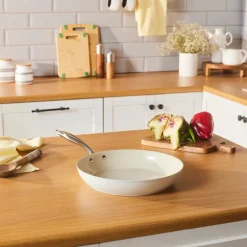 Karaca Swiss Crystal Almond Cream Non-Stick Induction Stainless Steel Handle Pan, 30cm, Cream