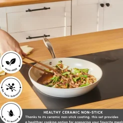 Karaca Swiss Crystal Almond Cream Non-Stick Induction Stainless Steel Handle Pan, 30cm, Cream