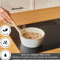 Karaca Swiss Crystal Almond Cream Non-Stick Induction Stainless Steel Handle Sauce Pan, 18cm, Cream