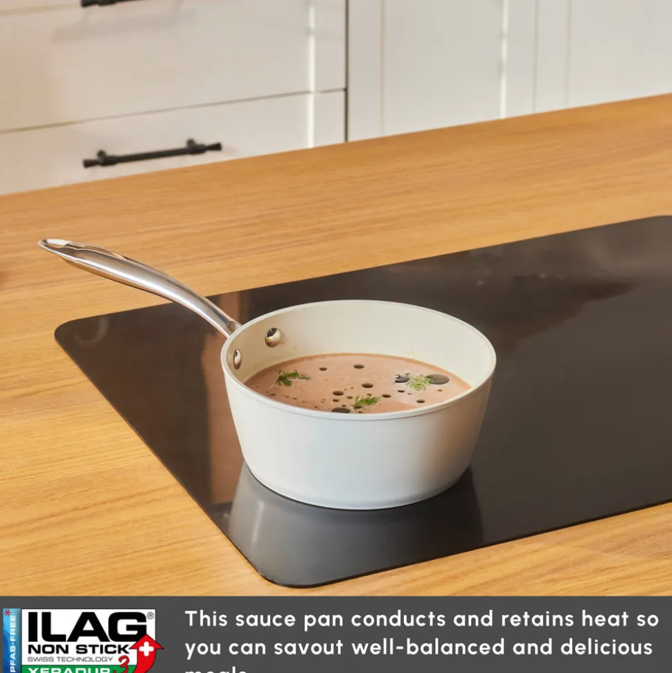 Karaca Swiss Crystal Almond Cream Non-Stick Induction Stainless Steel Handle Sauce Pan, 18cm, Cream