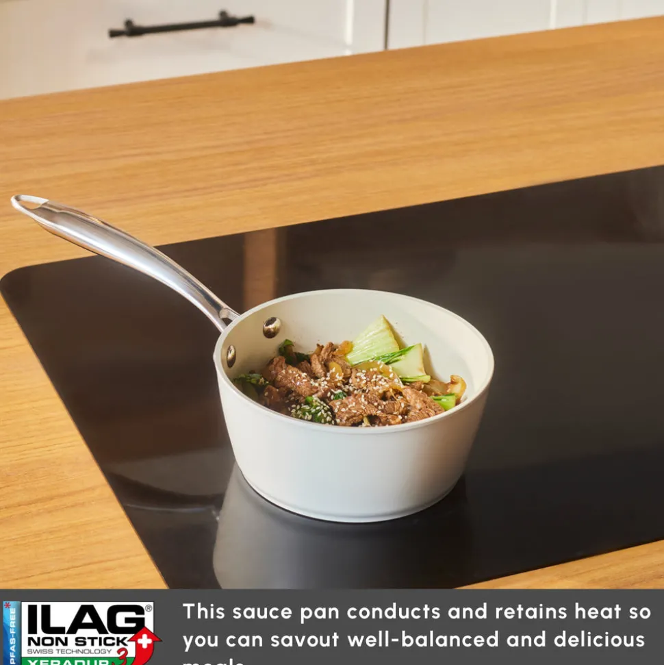 Karaca Swiss Crystal Almond Cream Non-Stick Induction Stainless Steel Handle Sauce Pan, 16cm, Cream