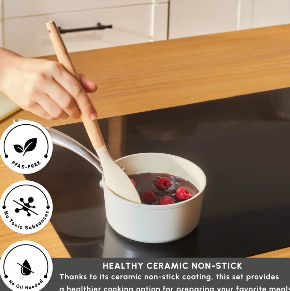 Karaca Swiss Crystal Almond Cream Non-Stick Induction Stainless Steel Handle Sauce Pan, 14cm, Cream