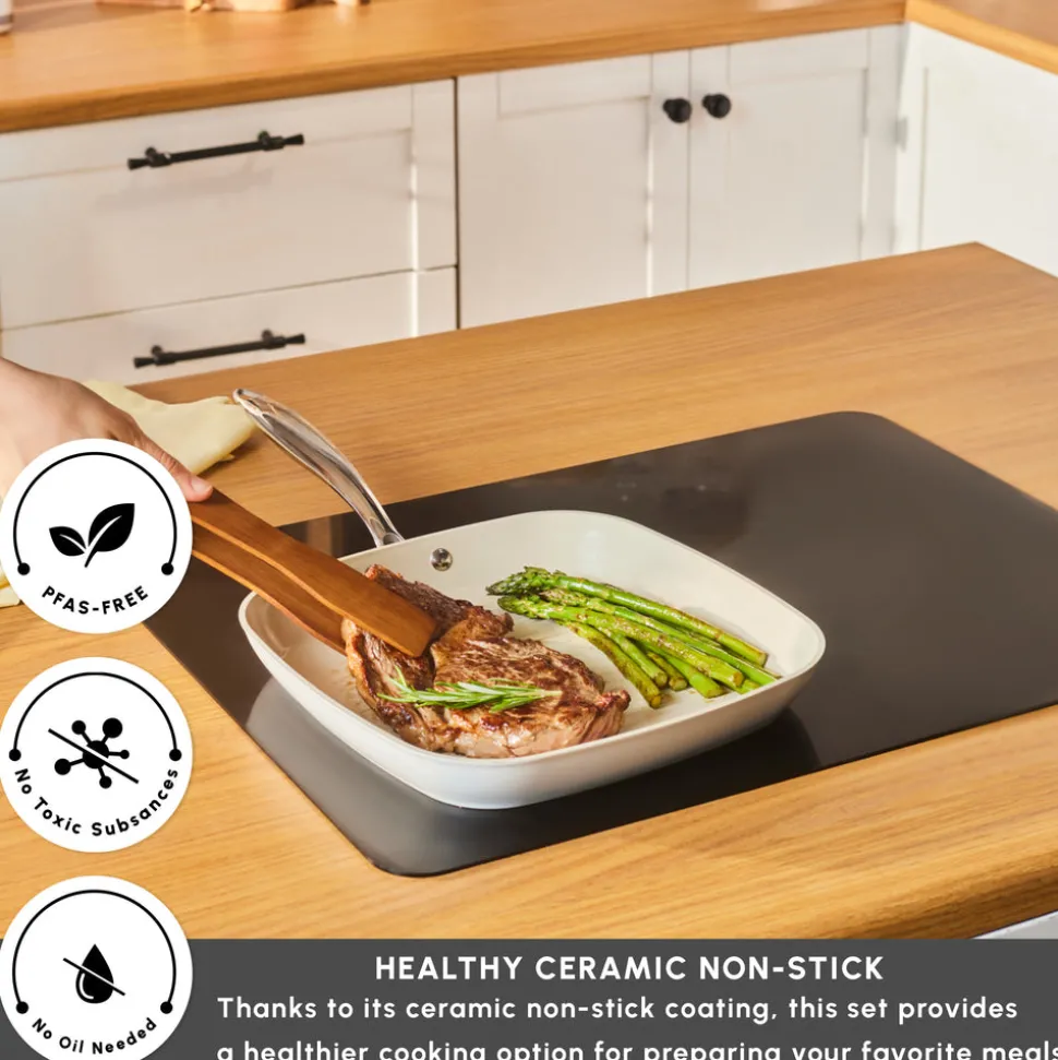 Karaca Swiss Crystal Almond Cream Non-Stick Induction Stainless Steel Handle Grill, 28cm, Cream