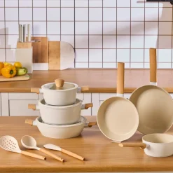 Karaca Swiss Crystal Almond Cream 12-Piece Non-Stick Induction Ceramic Cookware Set, Cream