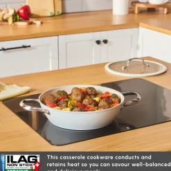 Karaca Swiss Crystal Almond Cream Non-Stick Induction Stainless Steel Handle Shallow Casserole & Lid, 26cm, Cream