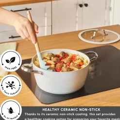 Karaca Swiss Crystal Almond Cream Non-Stick Induction Stainless Steel Handle Casserole & Lid, 24cm, Cream