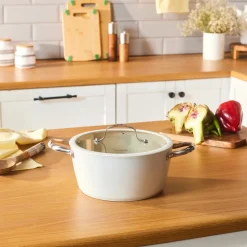 Karaca Swiss Crystal Almond Cream Non-Stick Induction Stainless Steel Handle Casserole & Lid, 20cm, Cream