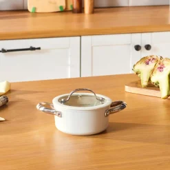 Karaca Swiss Crystal Almond Cream Non-Stick Induction Stainless Steel Handle Casserole & Lid, 14cm, Cream
