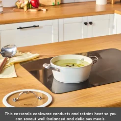 Karaca Swiss Crystal Almond Cream Non-Stick Induction Stainless Steel Handle Casserole & Lid, 18cm, Cream