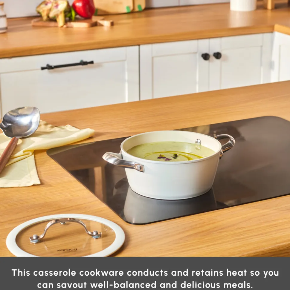 Karaca Swiss Crystal Almond Cream Non-Stick Induction Stainless Steel Handle Casserole & Lid, 18cm, Cream