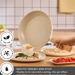 Karaca Swiss Crystal Almond 7-Piece Non-Stick Induction Cookware Set, Cream