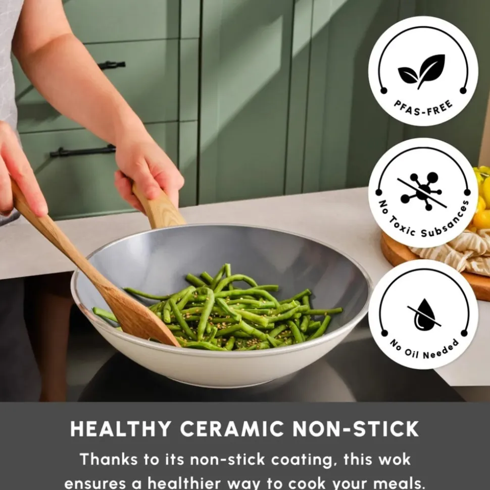 Karaca Swiss Crystal Non-Stick Induction Wok Pan, 28cm, Creamy