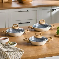 Karaca Swiss Crystal 6 Piece Non-Stick Induction Shallow Cookware Set, Creamy
