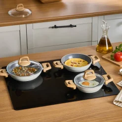 Karaca Swiss Crystal 6 Piece Non-Stick Induction Shallow Cookware Set, Creamy