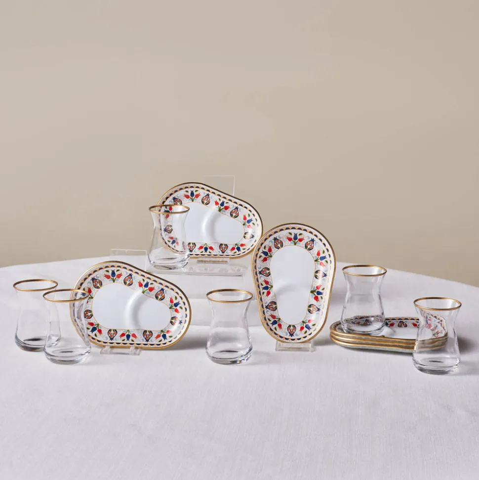 Karaca Tulip 12-Piece Glass Turkish Tea Set for 6 People, 132ml, Multi