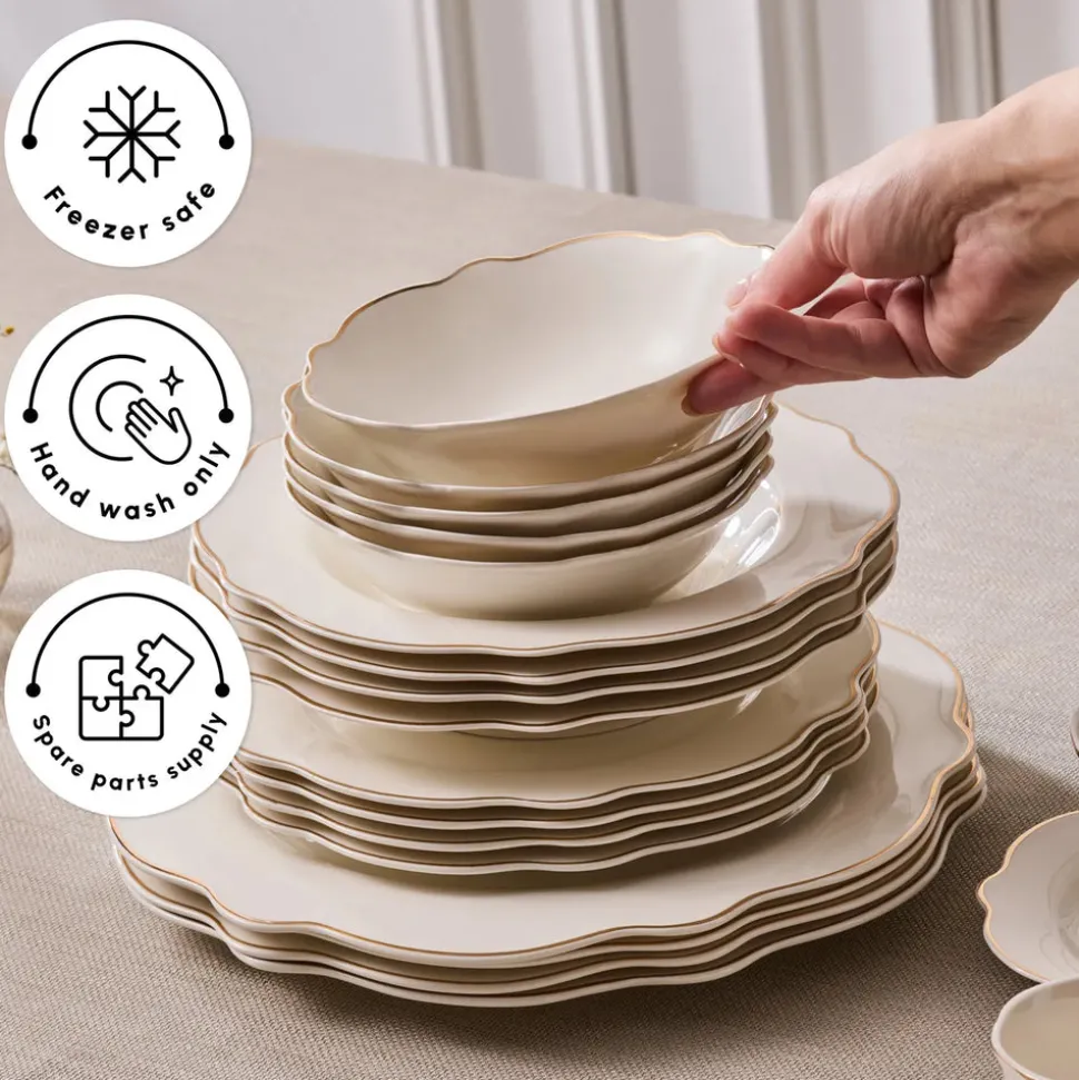 Karaca Vera 84-Piece Porcelain Dinner Set for 12 People, White Gold