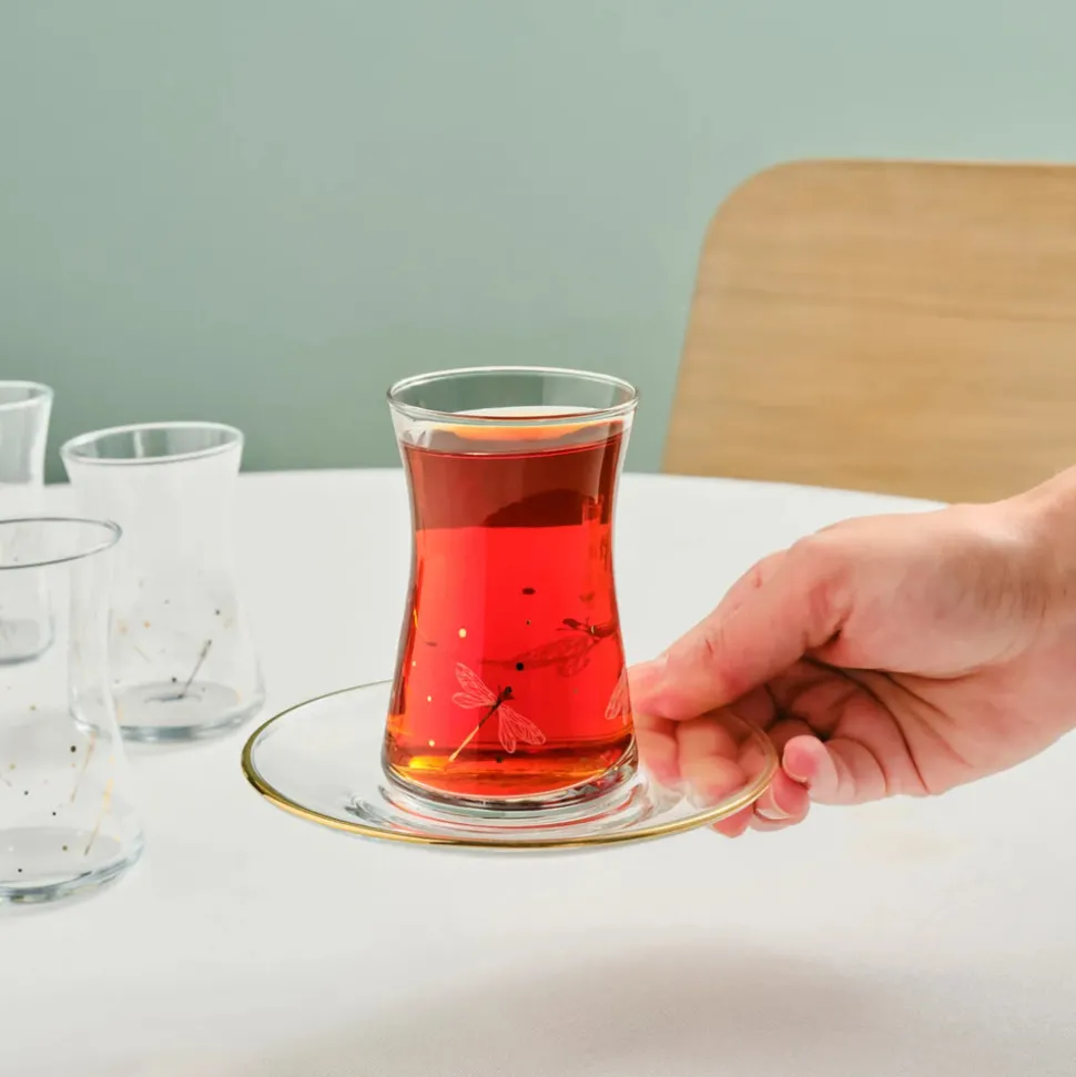 Karaca Yusufçuk 12-Piece Glass Turkish Tea Set for 6 People, 170ml, Gold