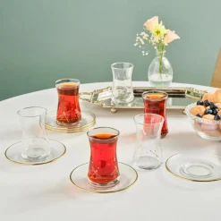 Karaca Yusufçuk 12-Piece Glass Turkish Tea Set for 6 People, 170ml, Gold