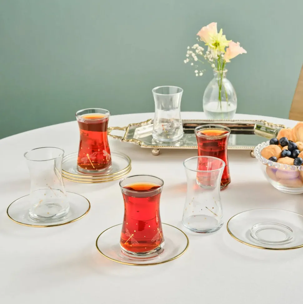 Karaca Yusufçuk 12-Piece Glass Turkish Tea Set for 6 People, 170ml, Gold