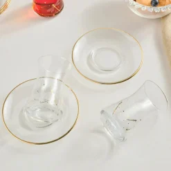 Karaca Yusufçuk 12-Piece Glass Turkish Tea Set for 6 People, 170ml, Gold