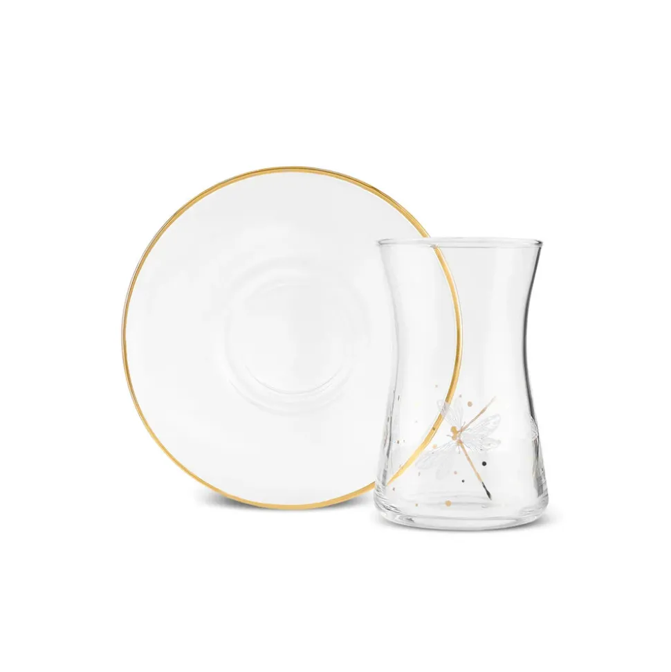 Karaca Yusufçuk 12-Piece Glass Turkish Tea Set for 6 People, 170ml, Gold