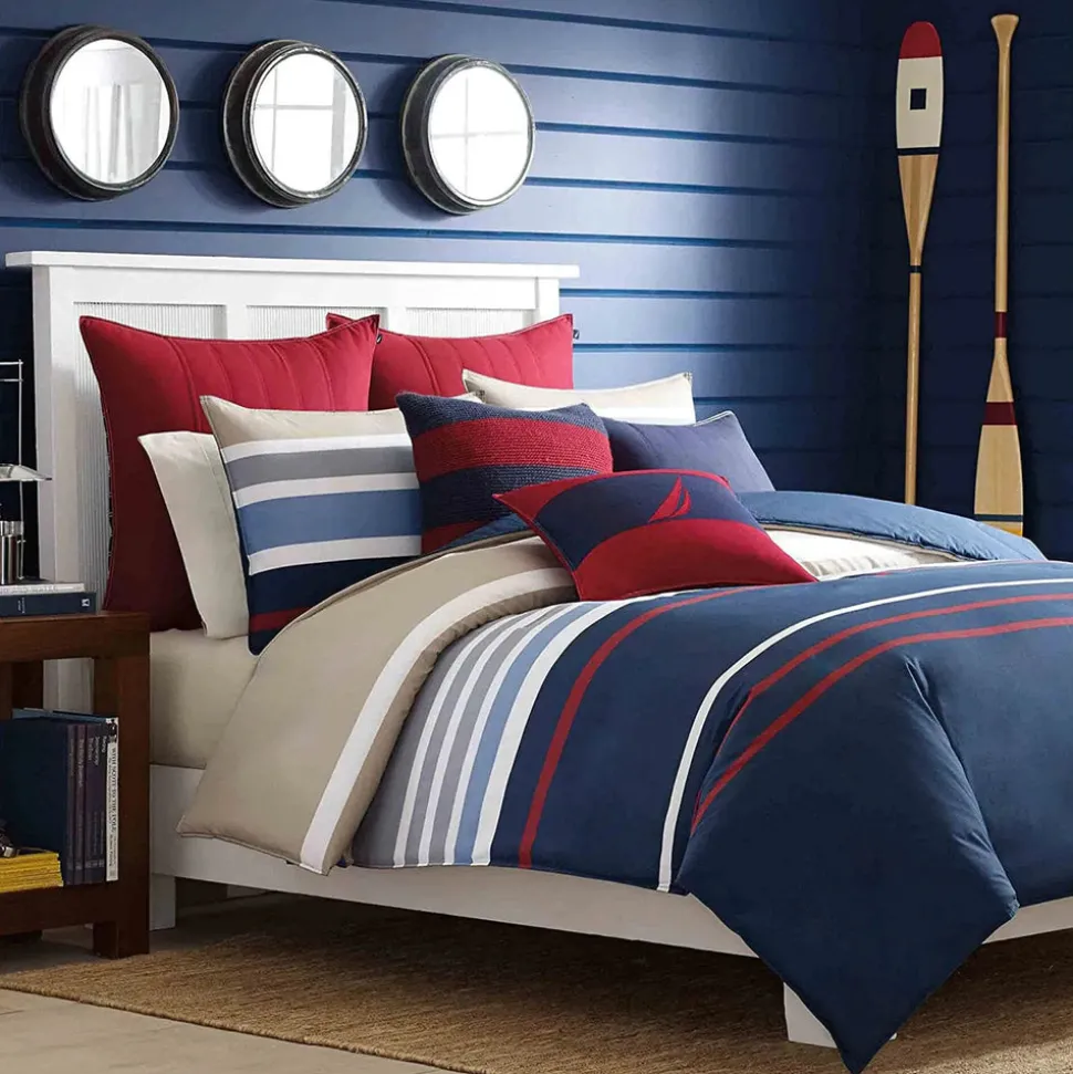 Nautica Home Bradford 100% Turkish Cotton Duvet Cover Set, Super King, 260cmx220cm, Navy Blue Multi