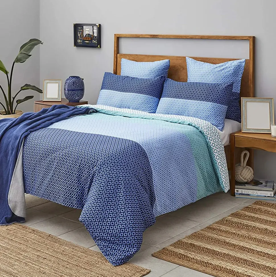 Nautica Home Grace 100% Cotton Duvet Cover Set, Super King, 260cmx220cm, Blue Multi