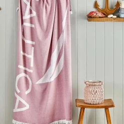 Nautica Home J Logo 100% Turkish Cotton Peshtemal Towel, 100cmx170cm, Pink